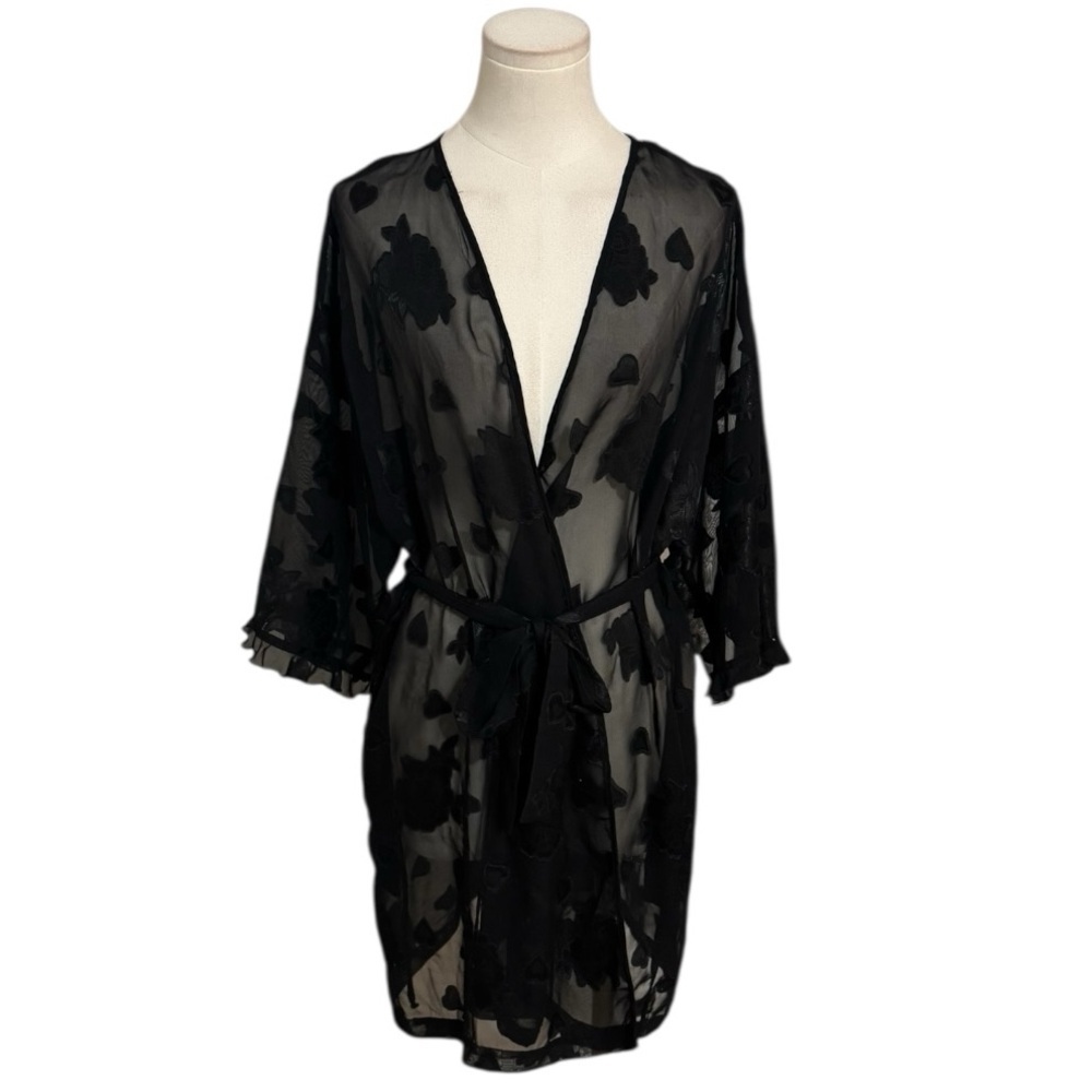 LA INTIMATES Black Rose Flower Burnout Sheer Robe Sz L Sexy Lingerie Tie Coverup